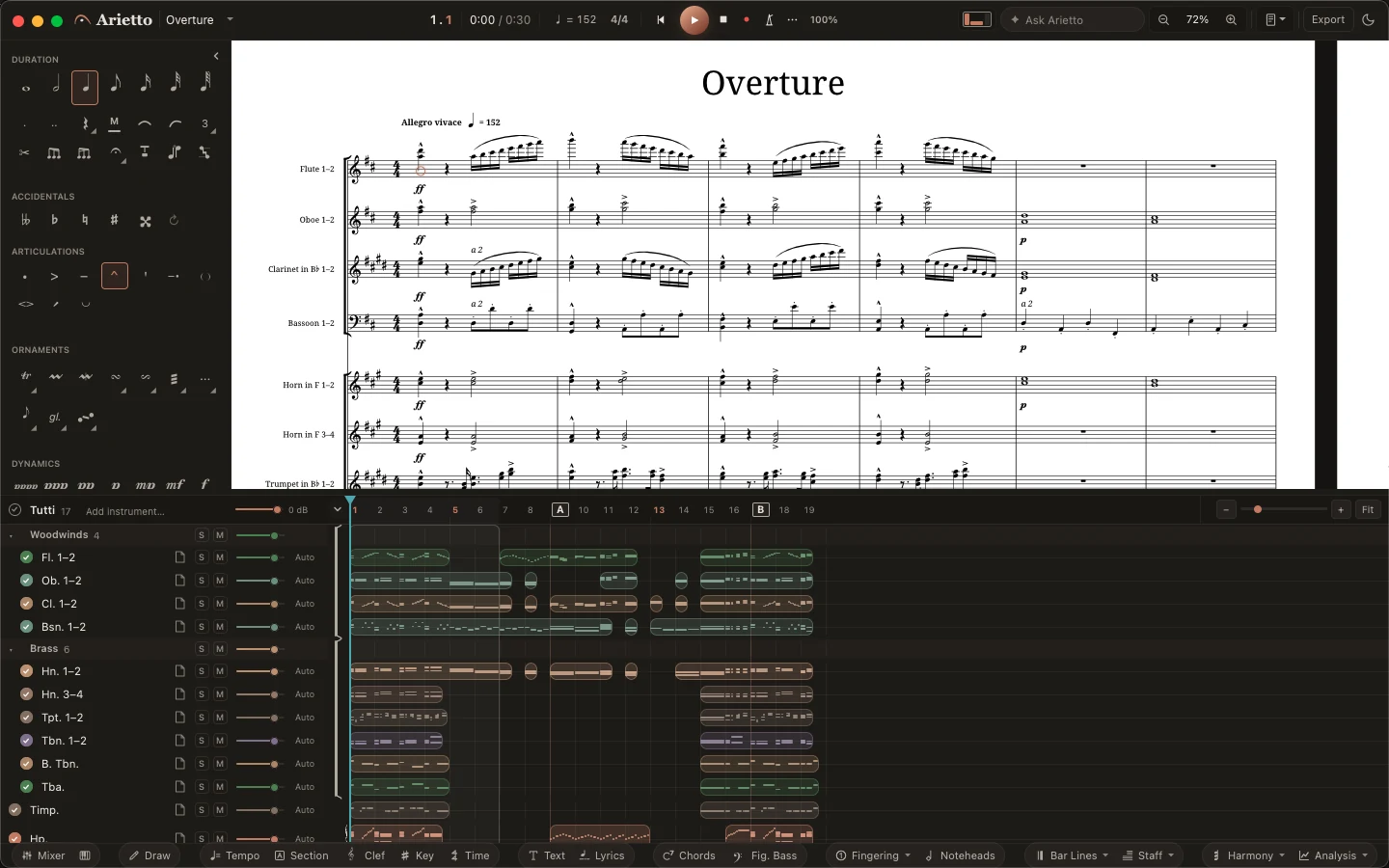 Arietto mit einer Ouvertüre für großes Orchester: links die Palette, in der Mitte die gesetzte Seite, darunter eine Spur für jedes Instrument.